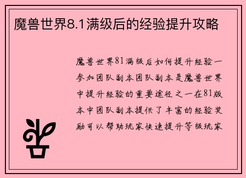 魔兽世界8.1满级后的经验提升攻略